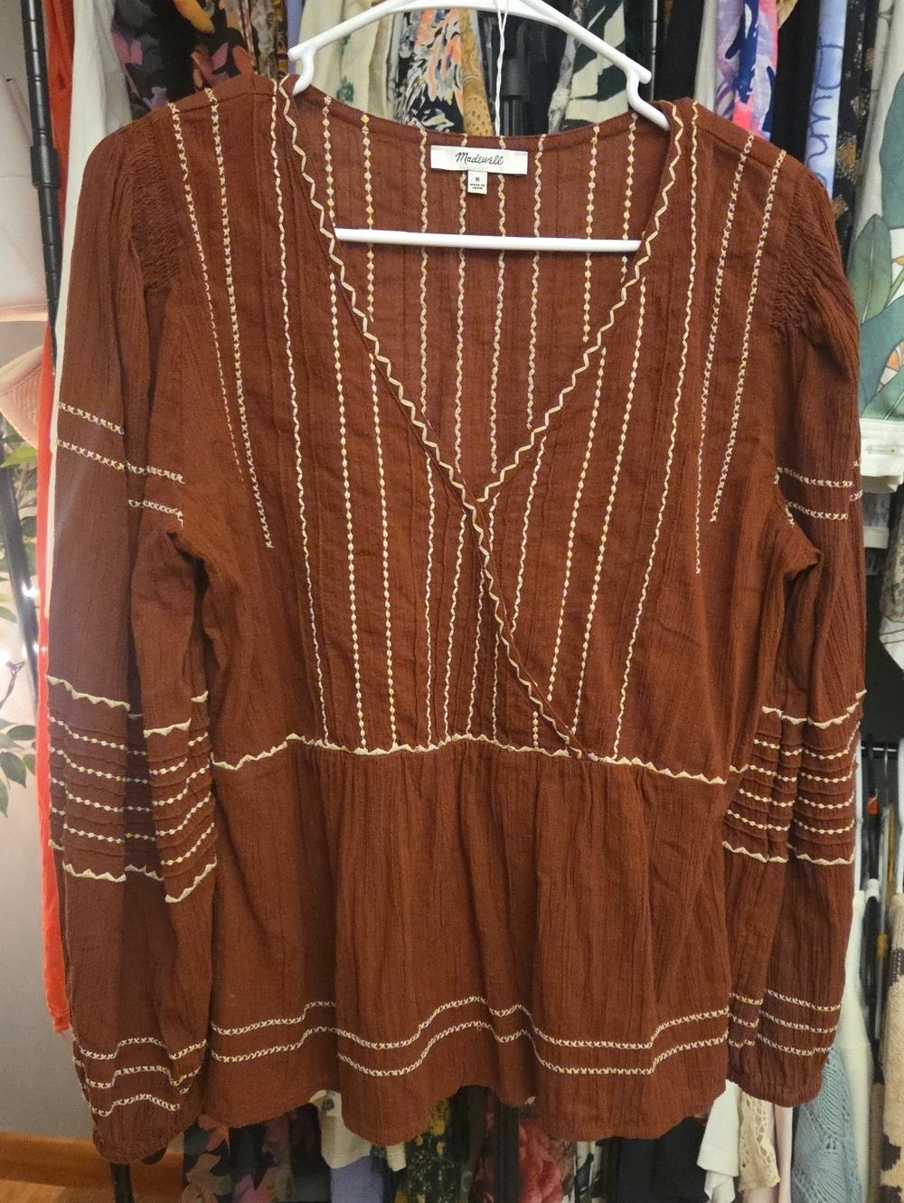 Madewell Rust Brown Embroidered V-Neck Peasant Tunic Size Med